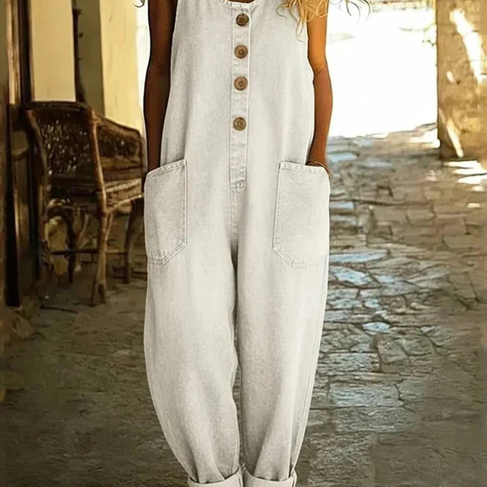 Button Front Denim Jumpsuit