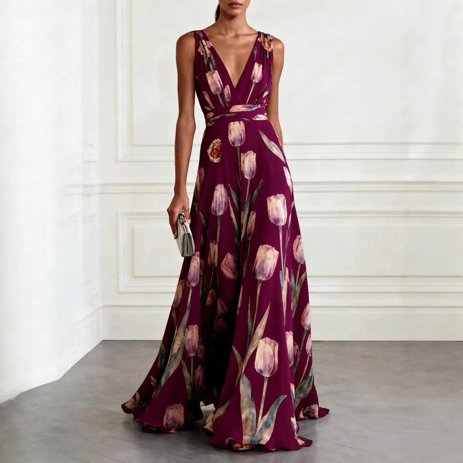 Floral Plunge Neck Maxi Dress