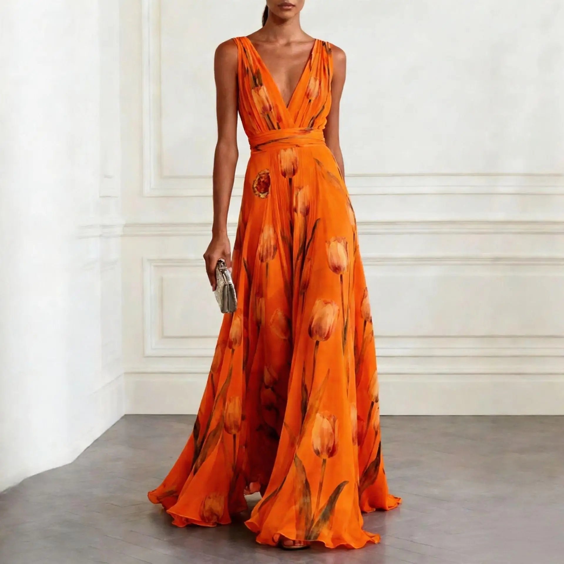 Floral Plunge Neck Maxi Dress
