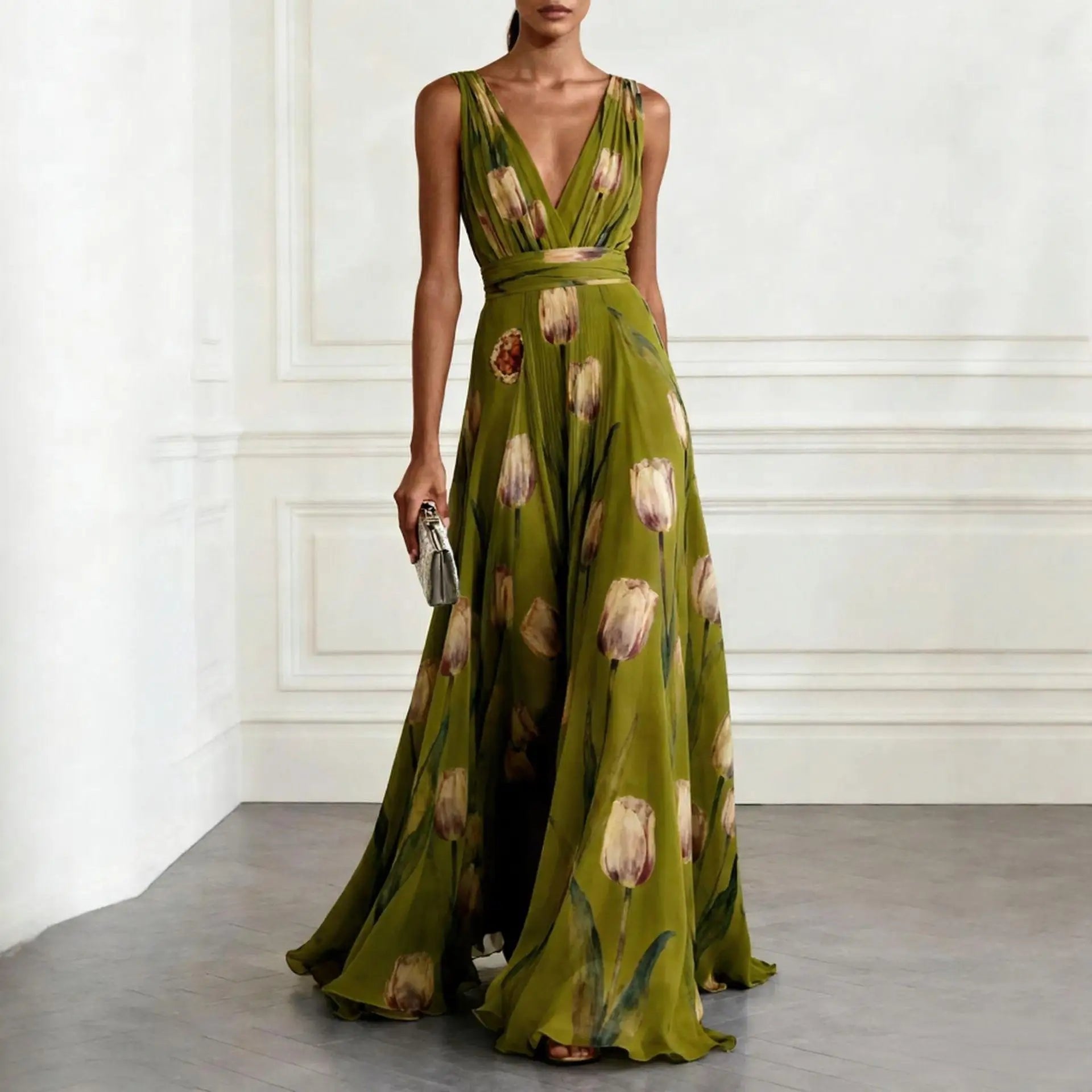 Floral Plunge Neck Maxi Dress