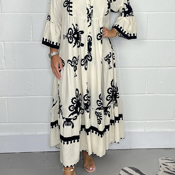 Printed V-Neck Tassel Maxi Dress