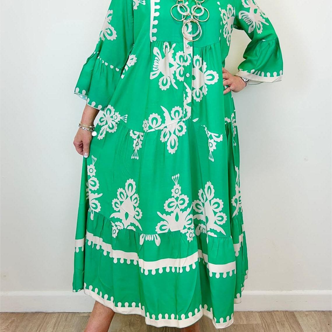 Printed V-Neck Tassel Maxi Dress