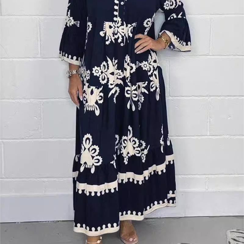 Printed V-Neck Tassel Maxi Dress