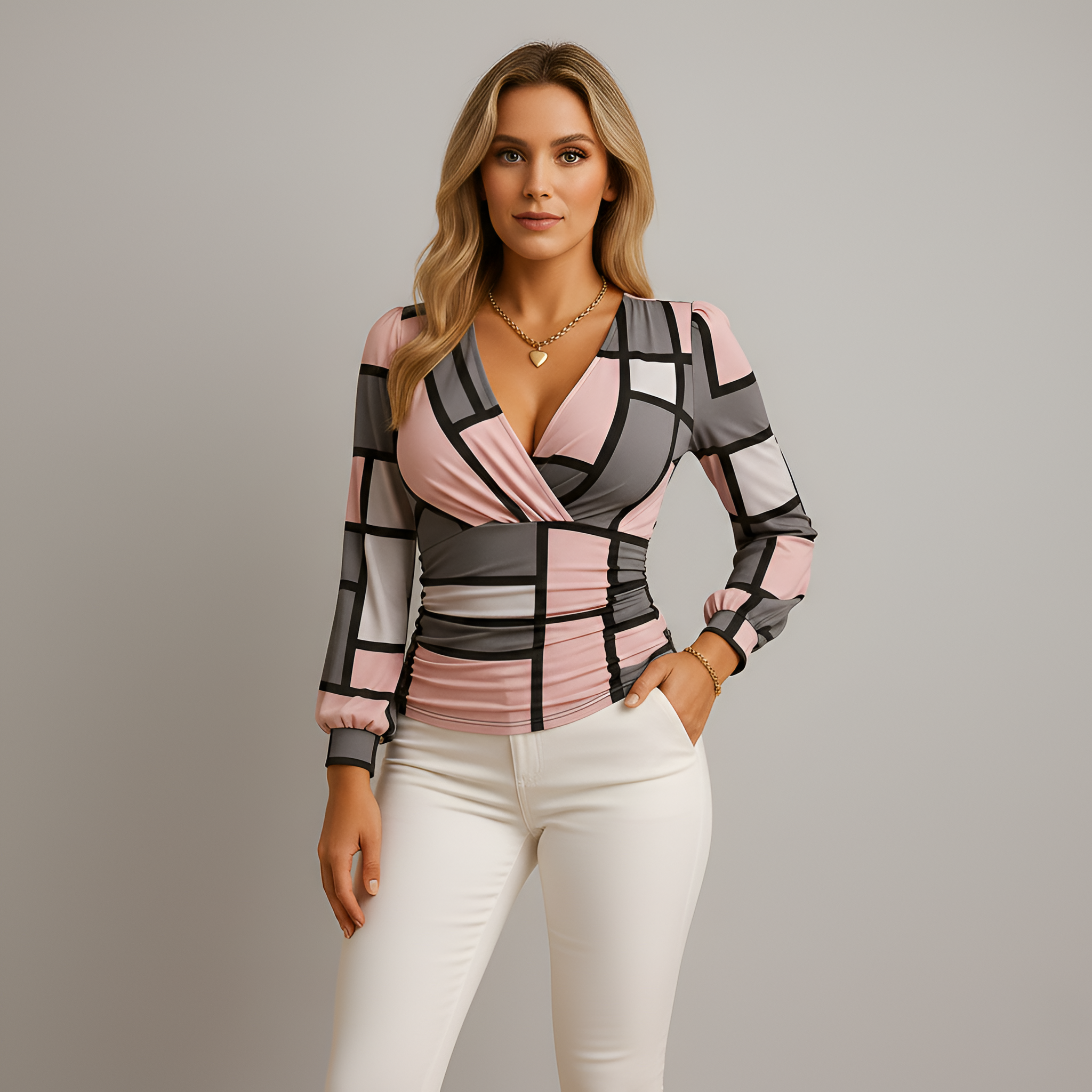 Valmera | Crossover V Neck Top Long Sleeves Stretch Fabric