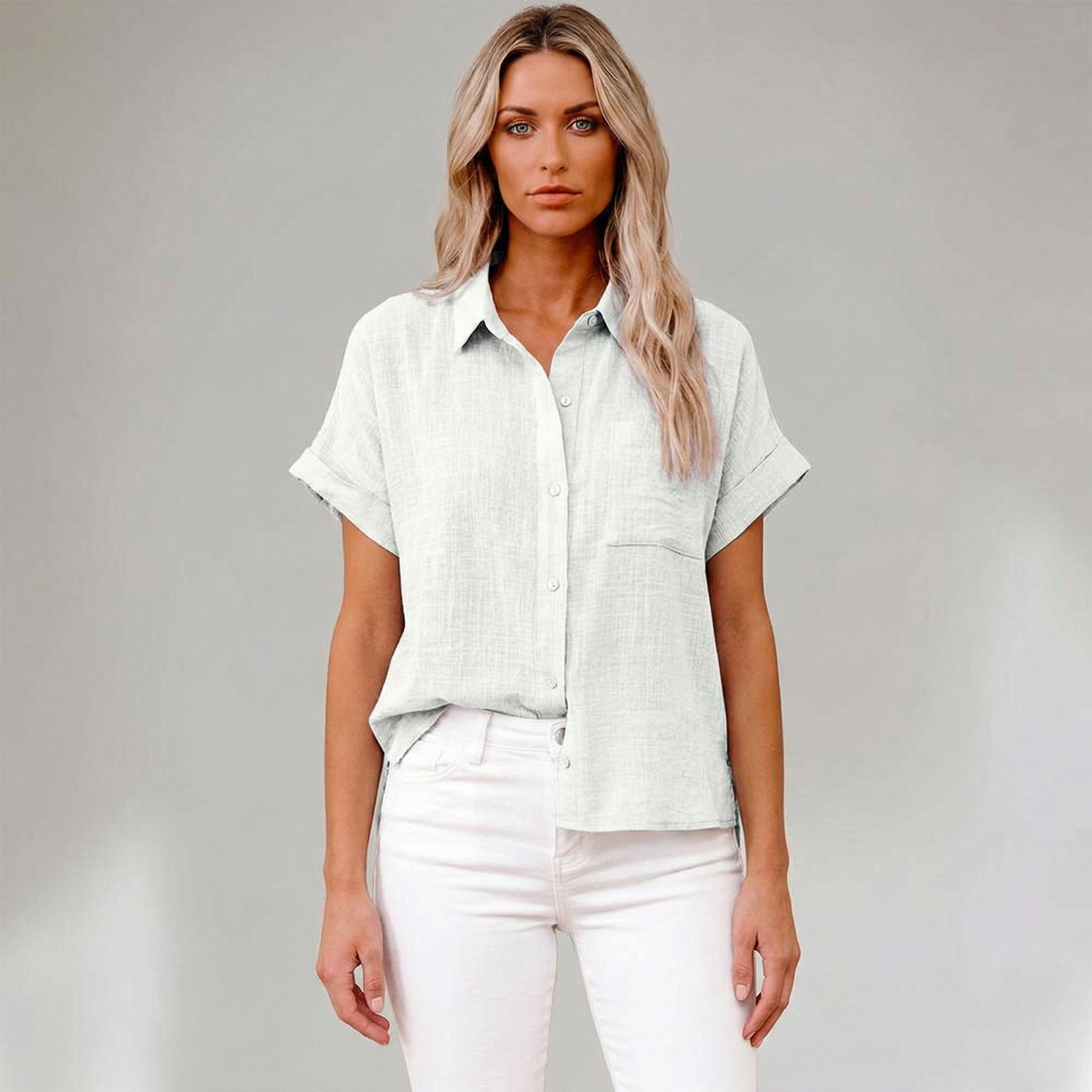 Linéa Sol | Linen Blouse Short Sleeves Button Front Collar