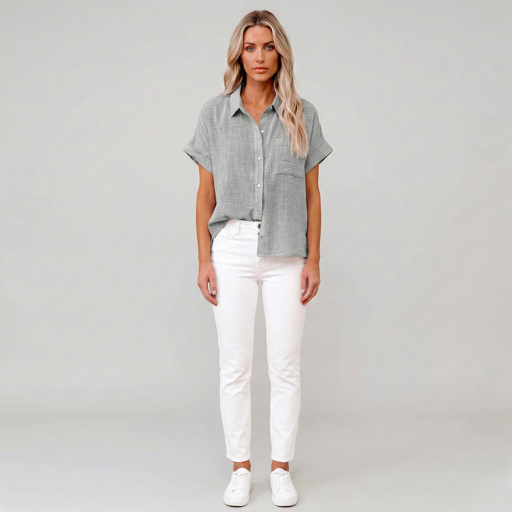 Linéa Sol | Linen Blouse Short Sleeves Button Front Collar