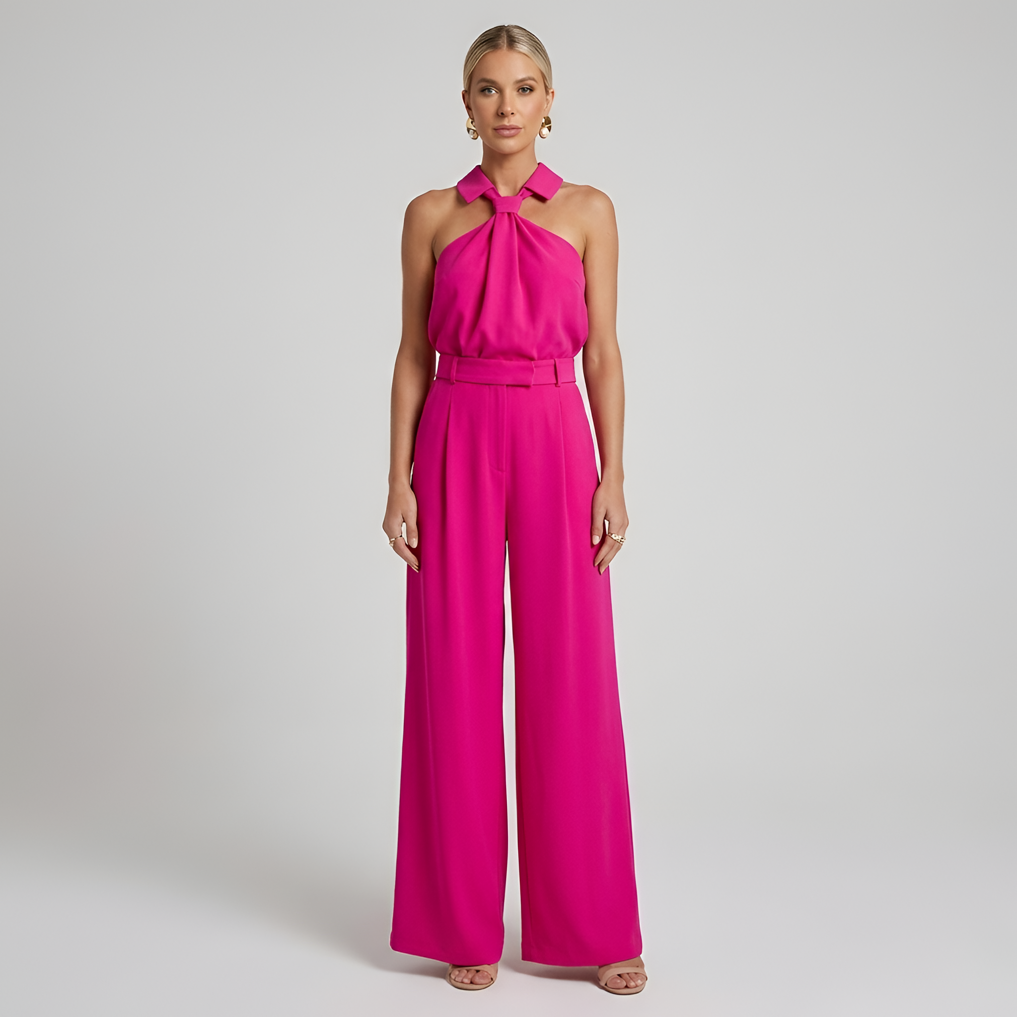 Auralisse | Halter Neck Palazzo Jumpsuit Draped Top Wide Leg