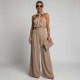 Auralisse | Halter Neck Palazzo Jumpsuit Draped Top Wide Leg