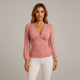 Valmera | Crossover V Neck Top Long Sleeves Stretch Fabric