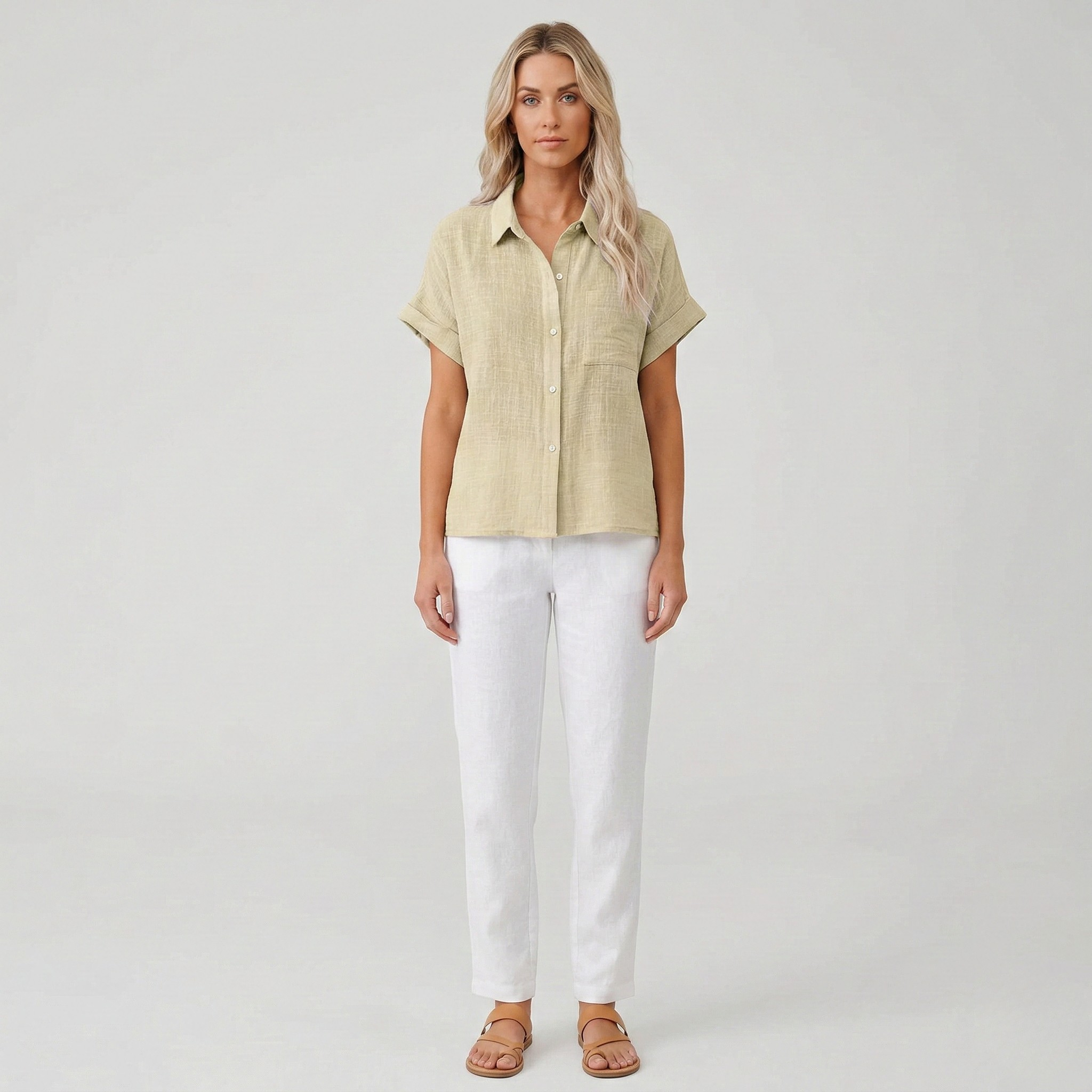 Linéa Sol | Linen Blouse Short Sleeves Button Front Collar