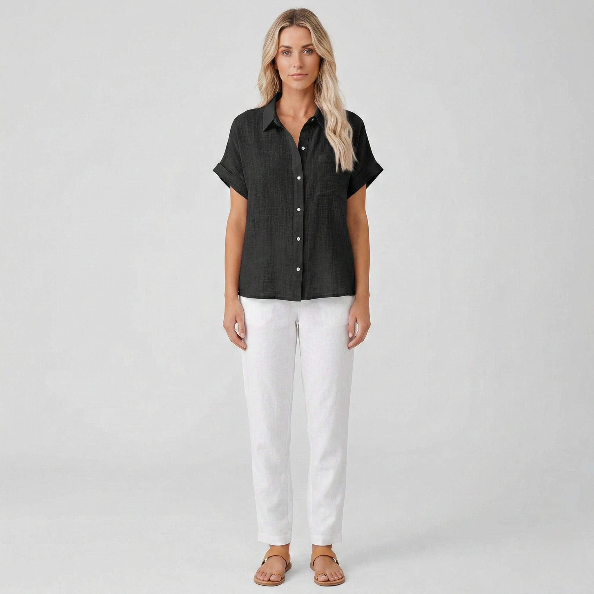 Linéa Sol | Linen Blouse Short Sleeves Button Front Collar