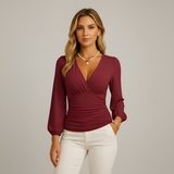 Valmera | Crossover V Neck Top Long Sleeves Stretch Fabric