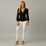 Valmera | Crossover V Neck Top Long Sleeves Stretch Fabric