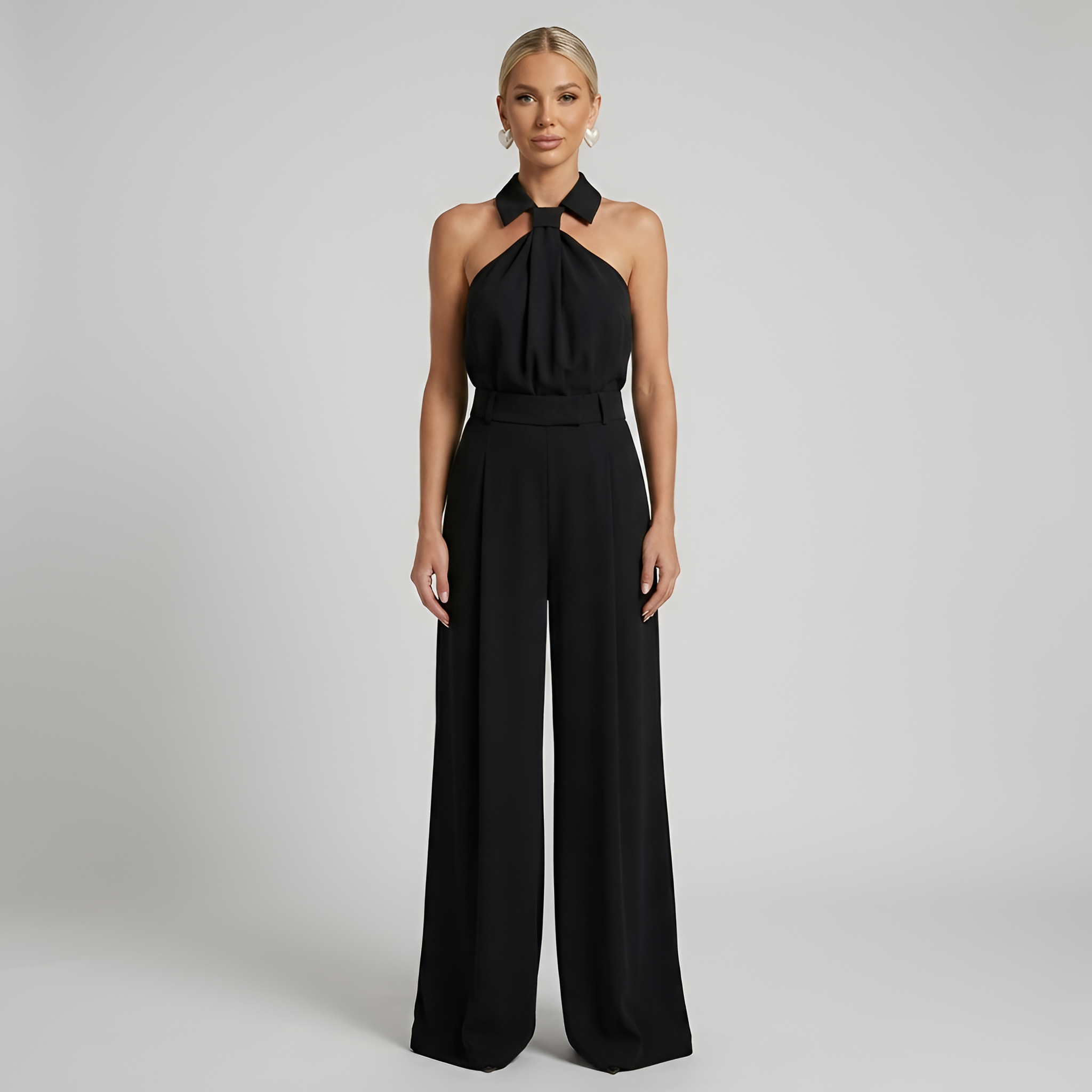 Auralisse | Halter Neck Palazzo Jumpsuit Draped Top Wide Leg