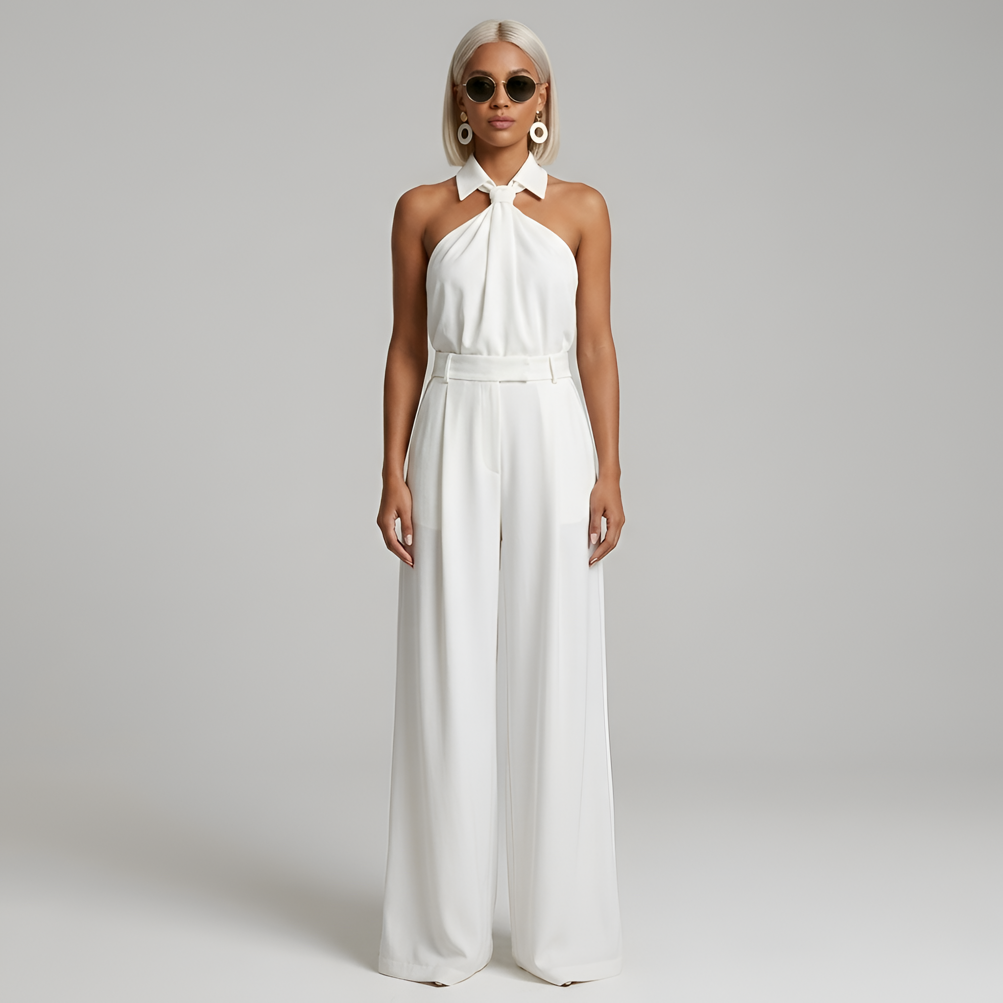 Auralisse | Halter Neck Palazzo Jumpsuit Draped Top Wide Leg