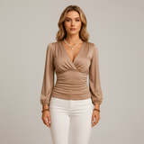 Valmera | Crossover V Neck Top Long Sleeves Stretch Fabric