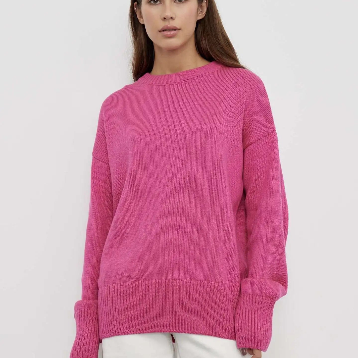 Women's Round-Neck Long-Sleeve Relaxed Ribbed Sweater