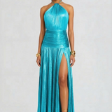 Pleated Halter High Slit Maxi Dress