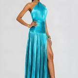 Pleated Halter High Slit Maxi Dress