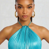 Pleated Halter High Slit Maxi Dress