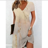 Printed V-Neck Short Sleeve Midi Dress