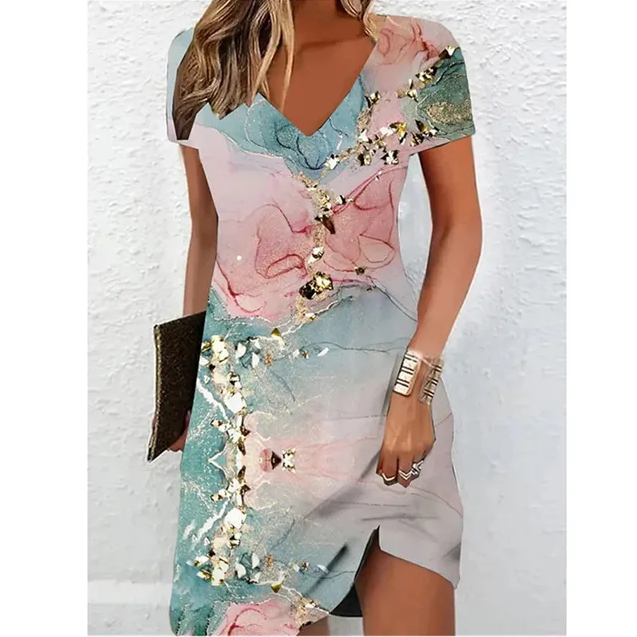 Printed V-Neck Short Sleeve Midi Dress