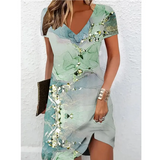 Printed V-Neck Short Sleeve Midi Dress