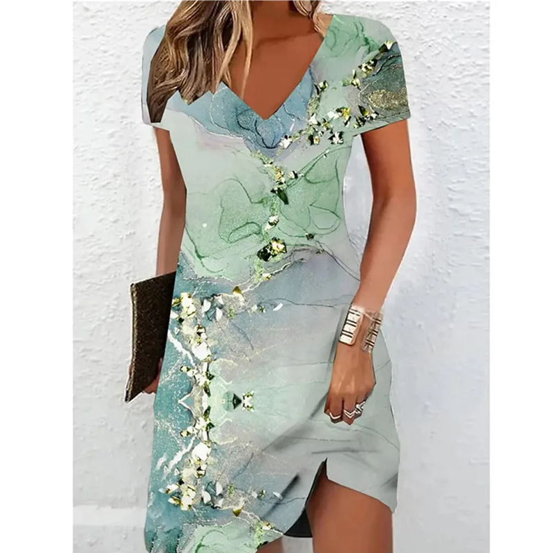 Printed V-Neck Short Sleeve Midi Dress