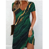 Printed V-Neck Short Sleeve Midi Dress