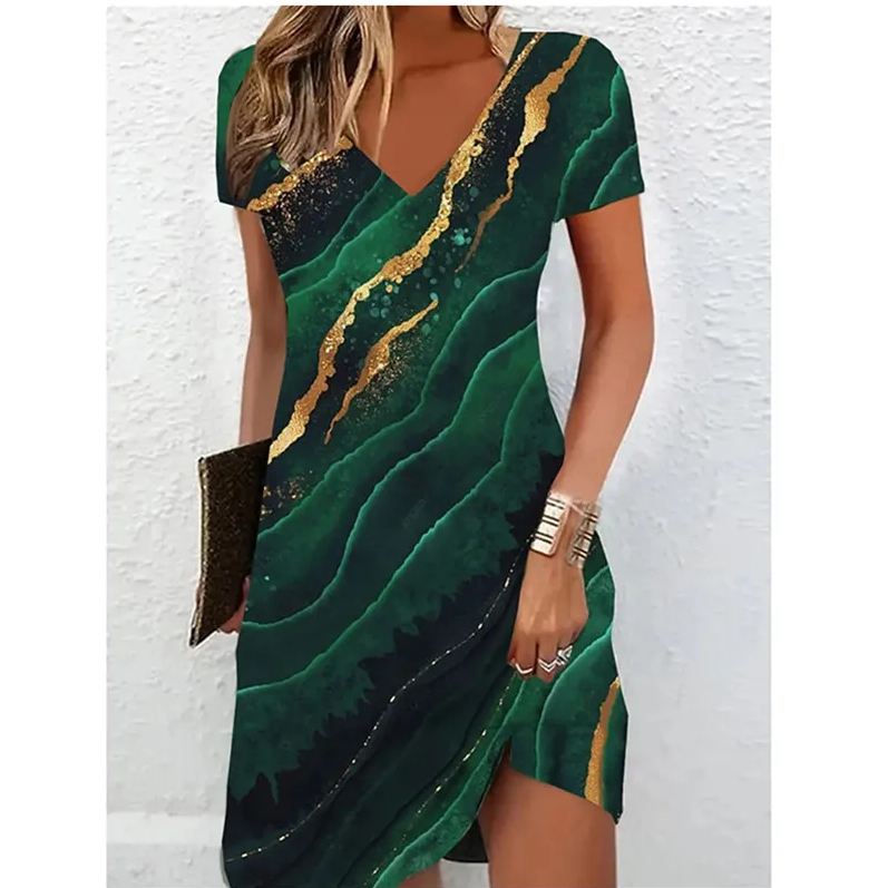 Printed V-Neck Short Sleeve Midi Dress