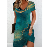 Printed V-Neck Short Sleeve Midi Dress