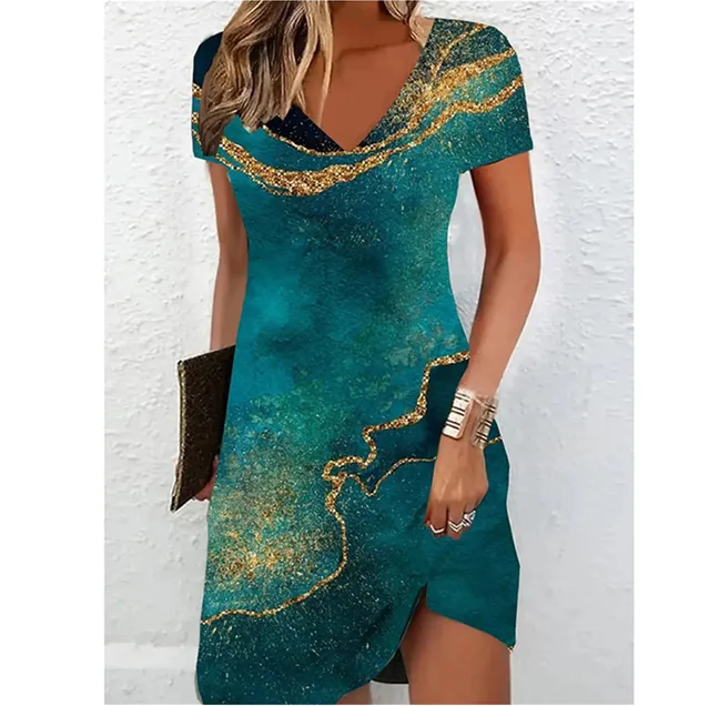 Printed V-Neck Short Sleeve Midi Dress