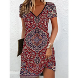 Printed V-Neck Short Sleeve Midi Dress