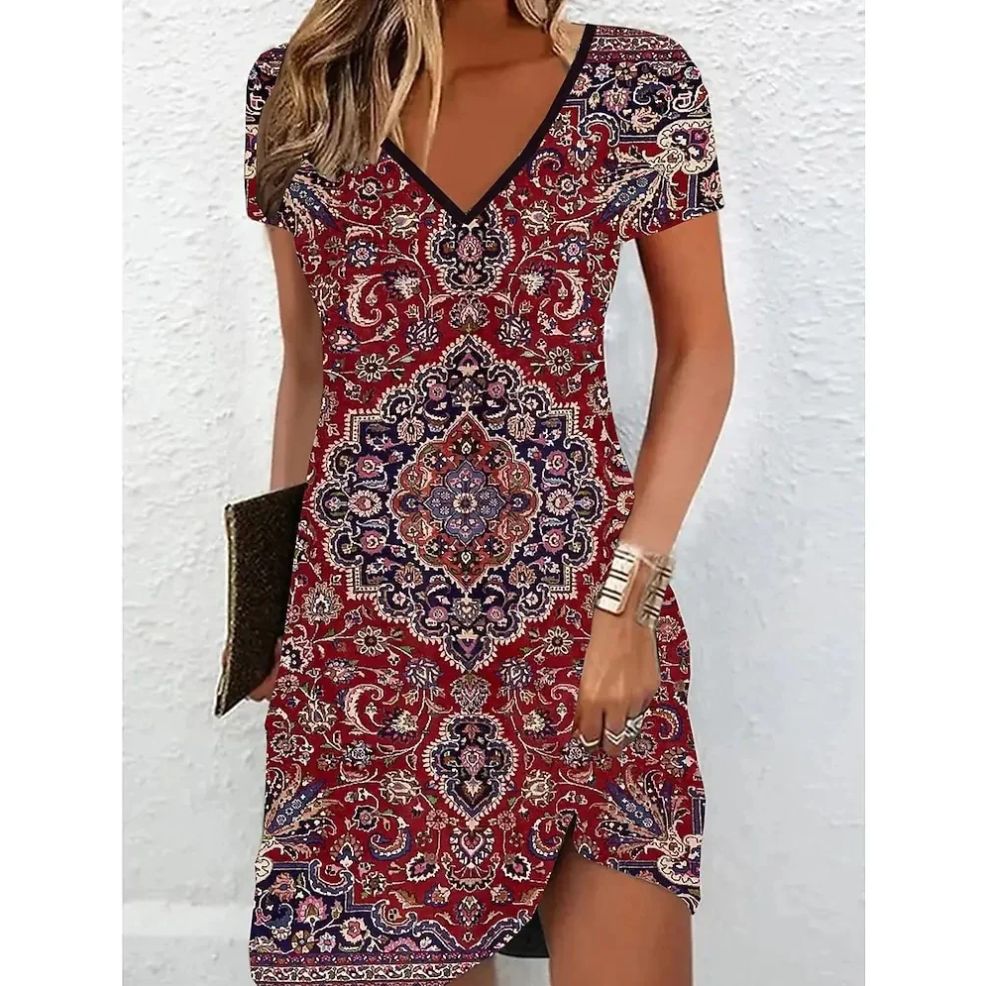 Printed V-Neck Short Sleeve Midi Dress