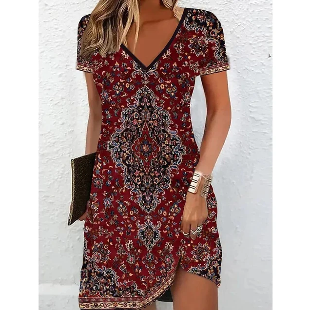 Printed V-Neck Short Sleeve Midi Dress