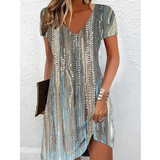 Printed V-Neck Short Sleeve Midi Dress