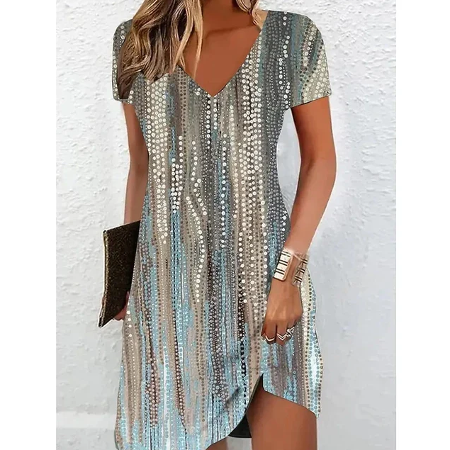 Printed V-Neck Short Sleeve Midi Dress
