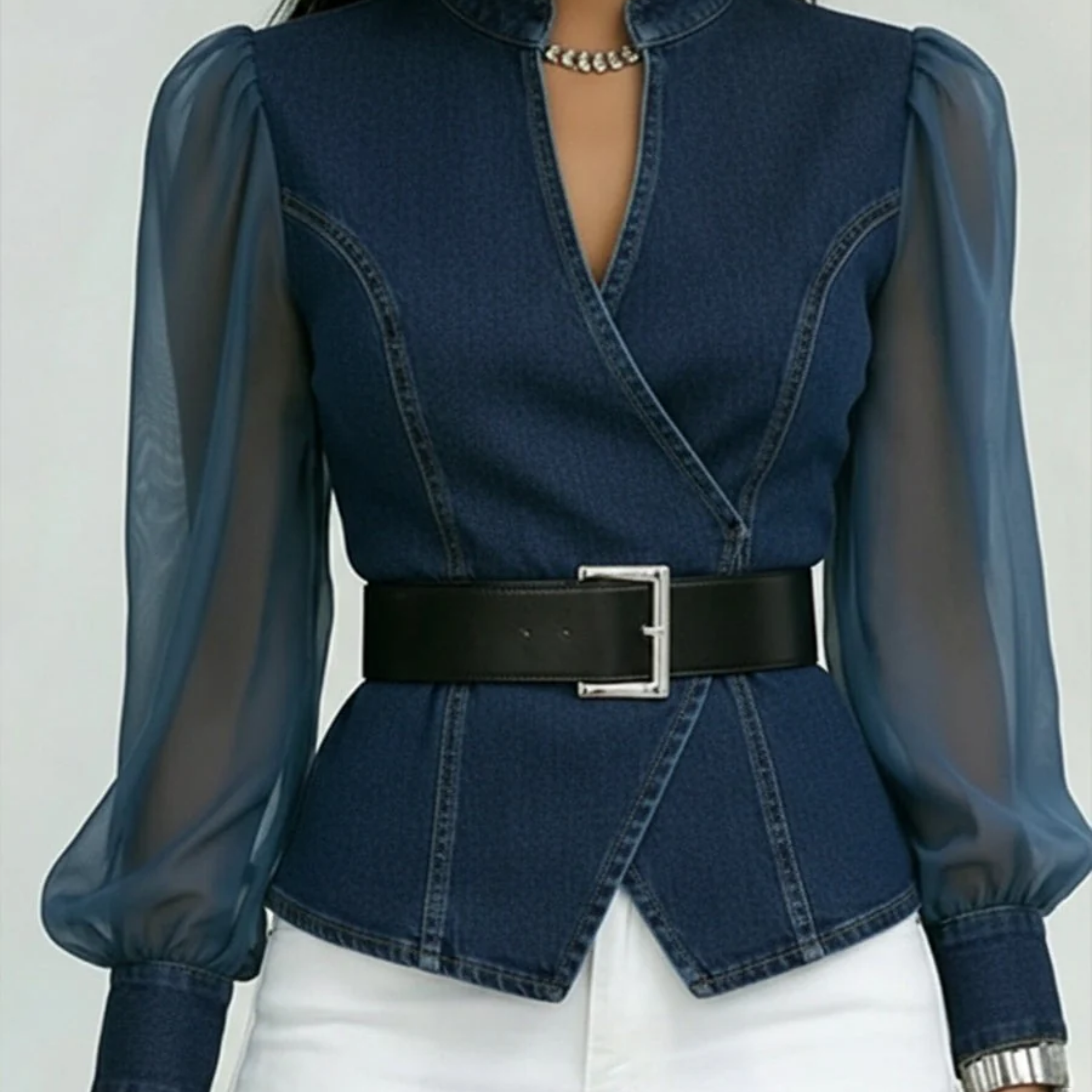 Belted Sheer Sleeve Peplum Blouse
