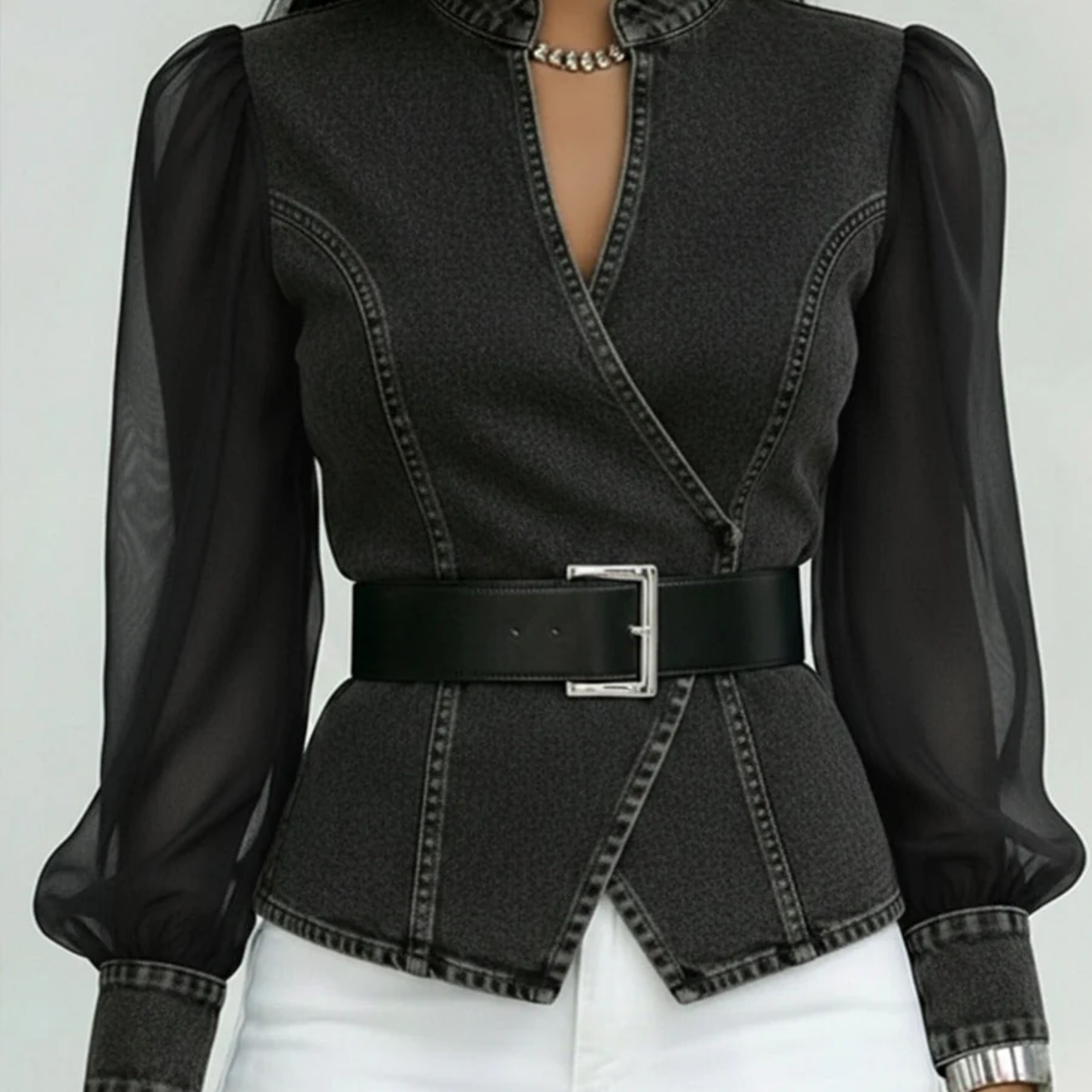 Belted Sheer Sleeve Peplum Blouse