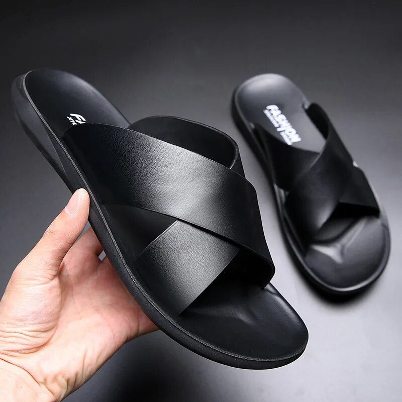 Cross Strap Leather Slide Sandals