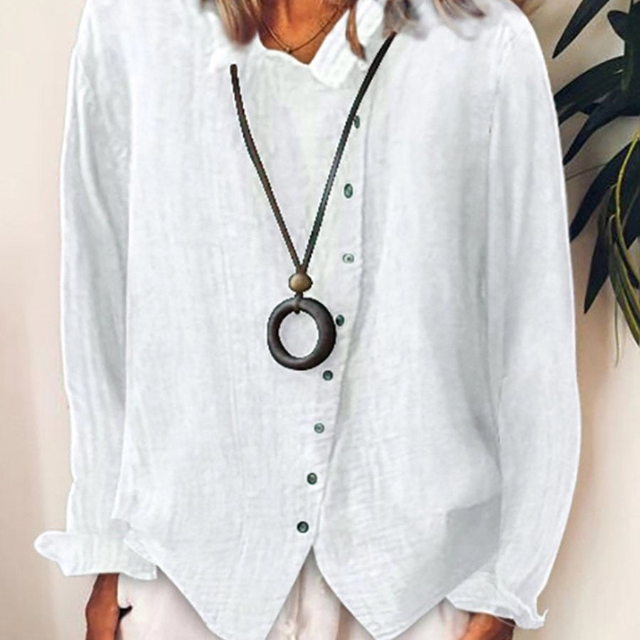 Button Front V-Neck Long Sleeve Blouse