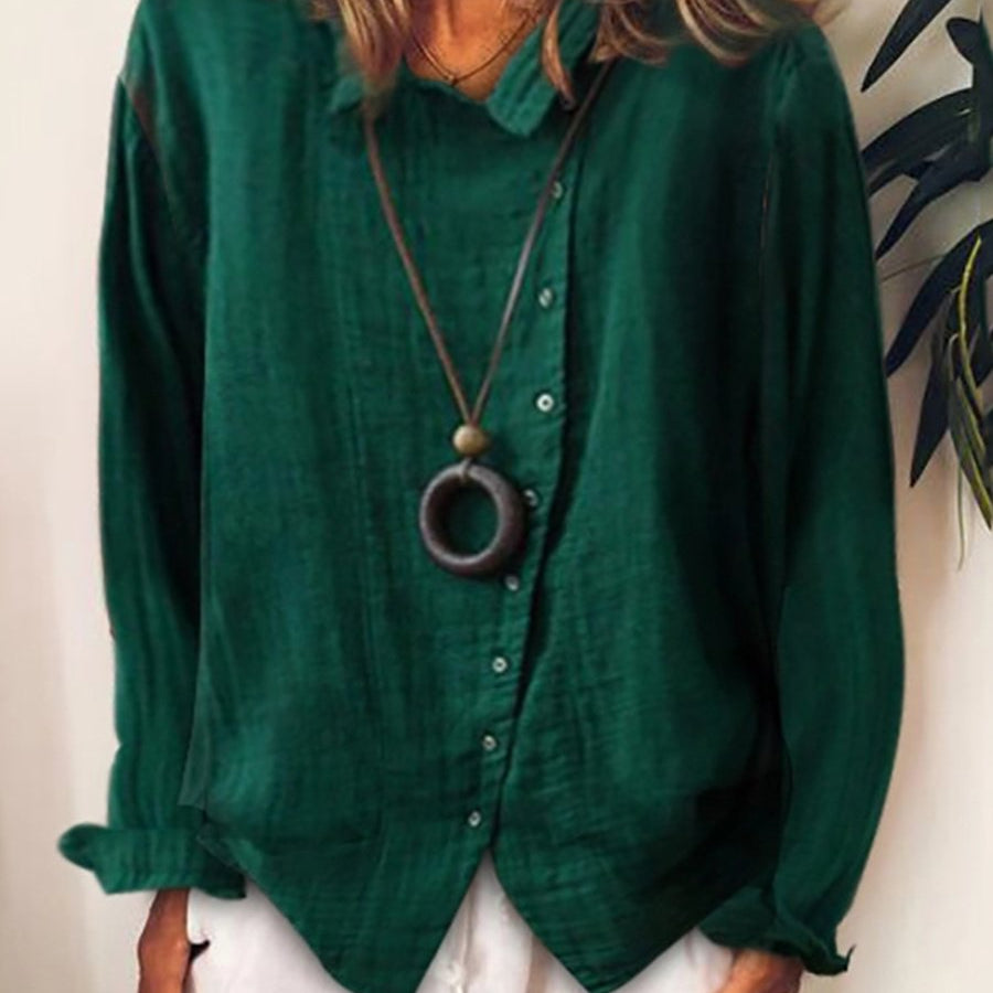 Button Front V-Neck Long Sleeve Blouse