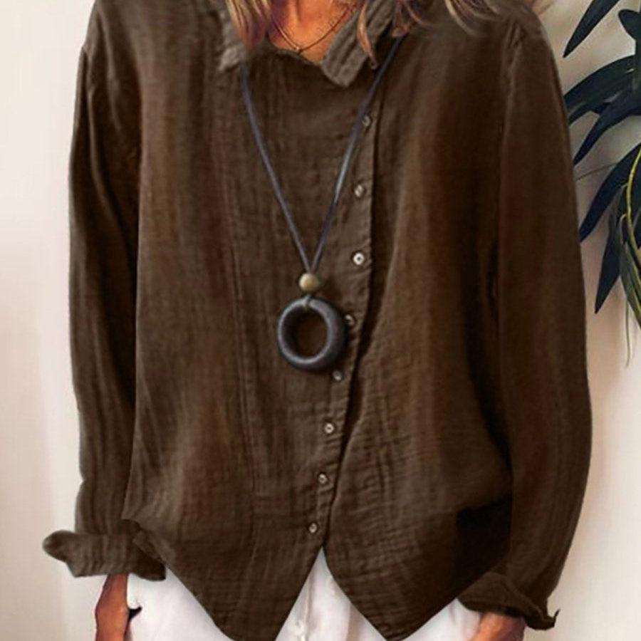 Button Front V-Neck Long Sleeve Blouse