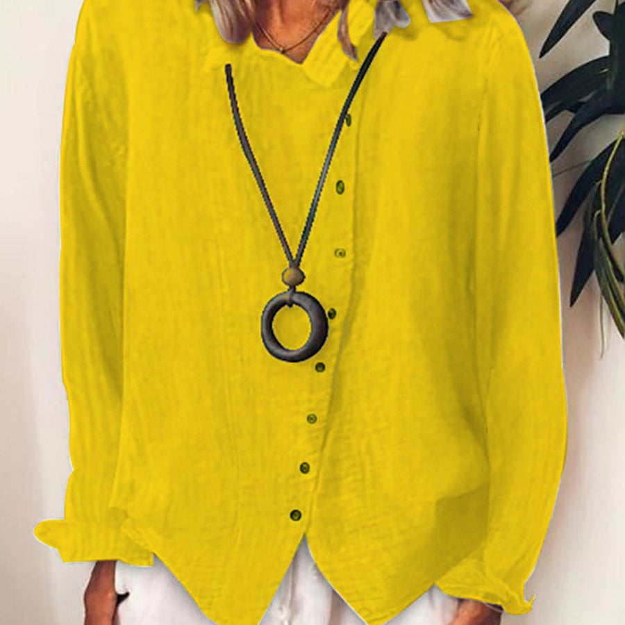 Button Front V-Neck Long Sleeve Blouse