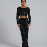 Women's Sequin Crop Top and Wide-Leg Trouser Set