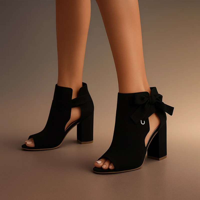 Peep Toe Bow Tie Block Heel Ankle Boots