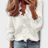 Ruffle Trim V-Neck Long Sleeve Blouse