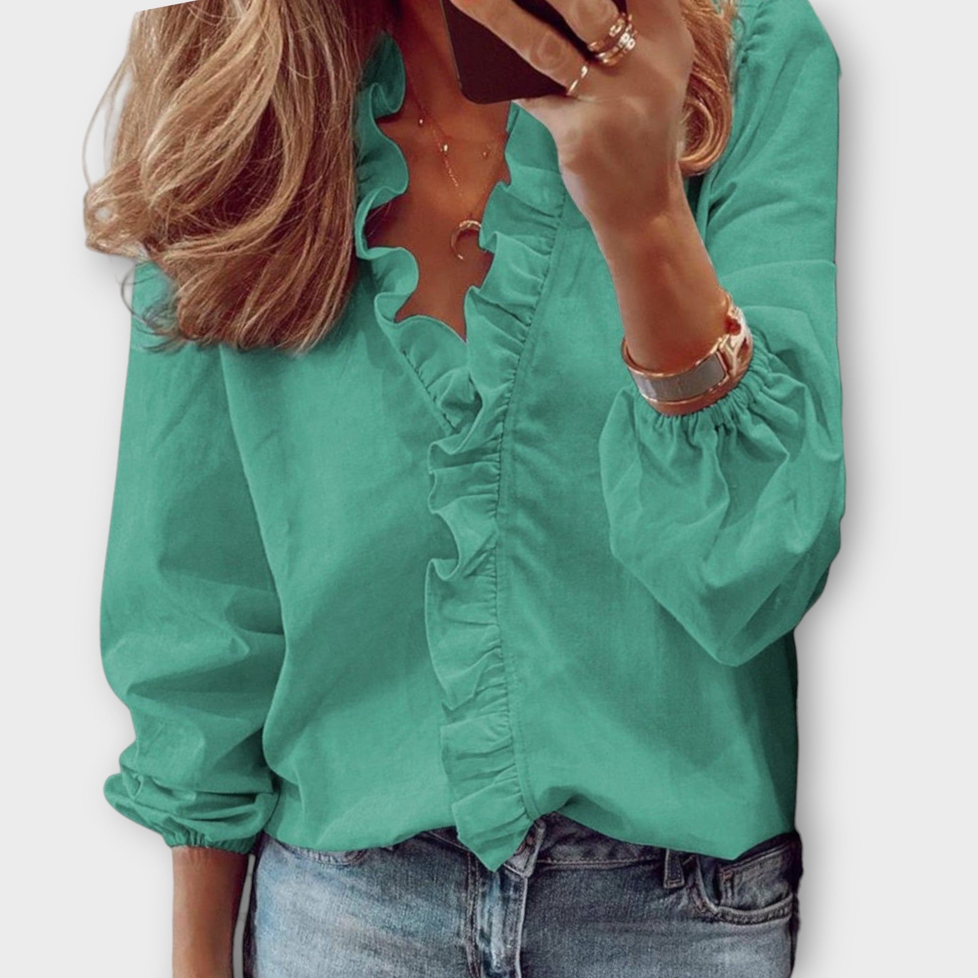 Ruffle Trim V-Neck Long Sleeve Blouse
