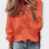 Ruffle Trim V-Neck Long Sleeve Blouse