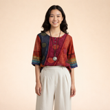 Printed V-Neck Cropped Blouse